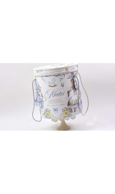 Trusou botez cu ursuleti ponei si flori albastre Teddy Bear Blue 24